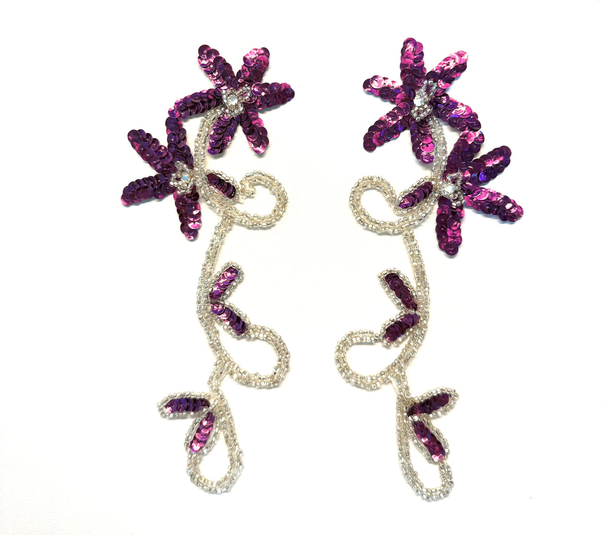 Par de Flores con Lentejuelas Moradas y Cuentas Plateadas, 8" x 3"