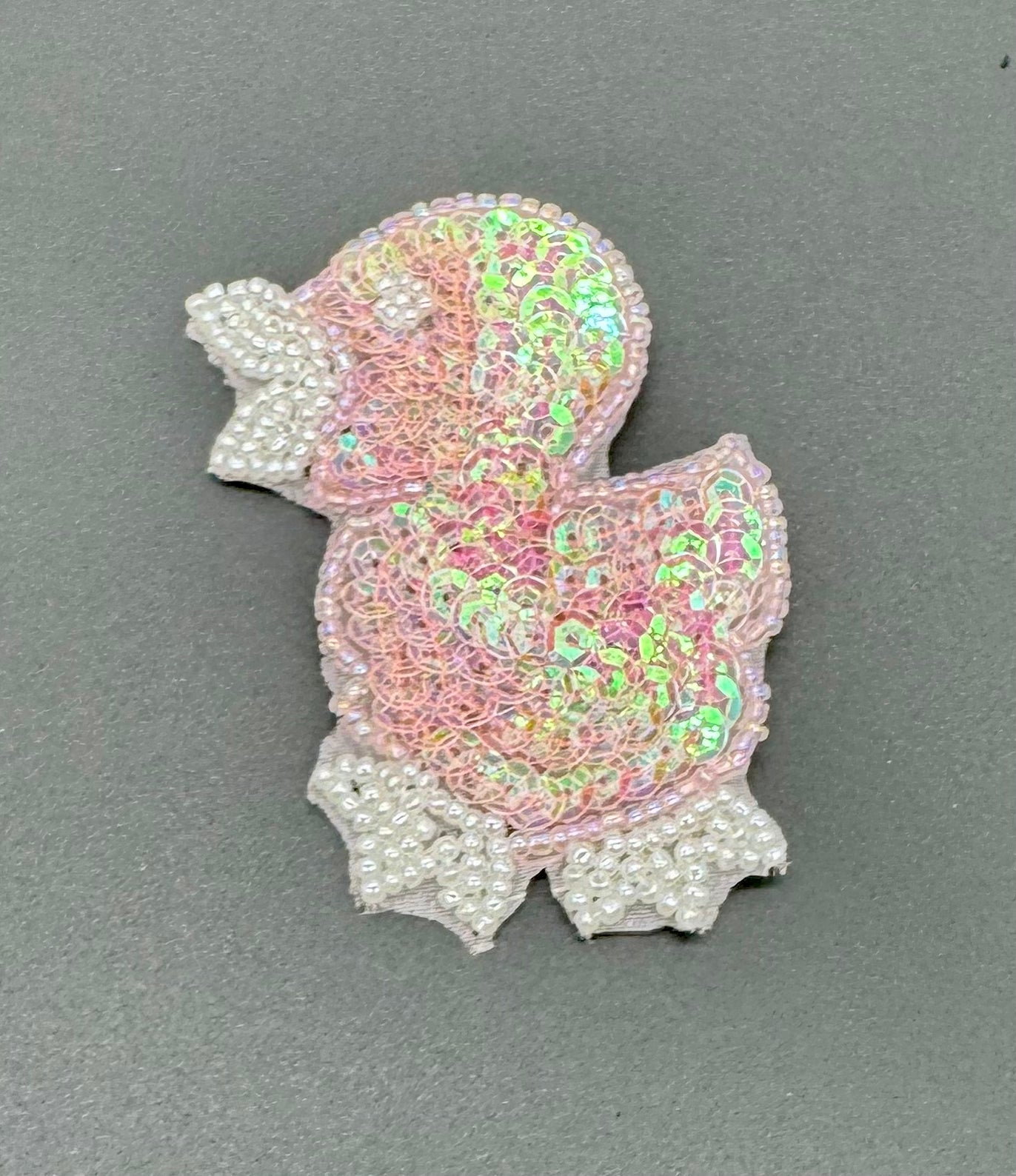 Baby Duck with Iridescent Pink Sequins and Iridescent Pink and White Beads 2.75” x 2”