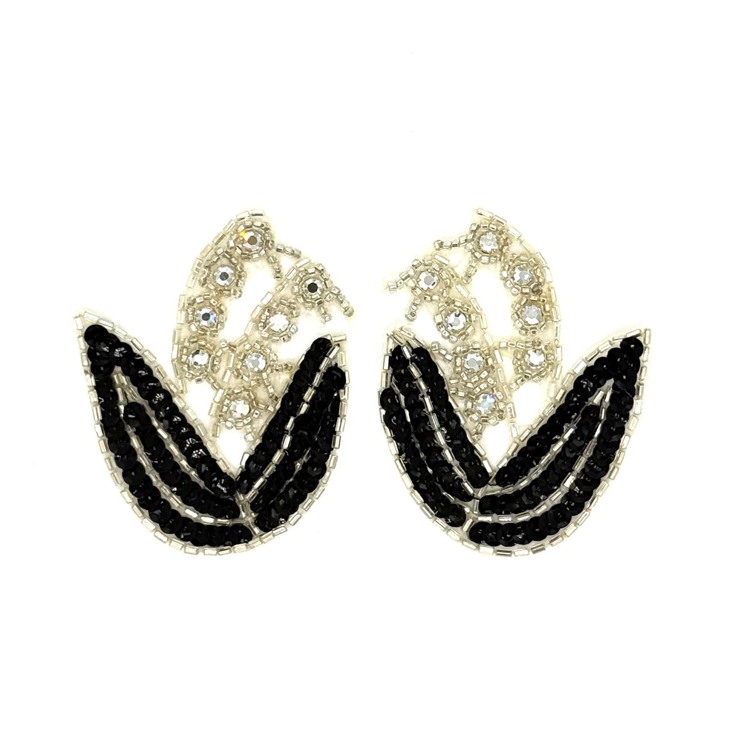 Flower Pair Appliqué – Black Sequins, Silver Bugle & Glass Beads with Rhinestones 3" x 2.5"