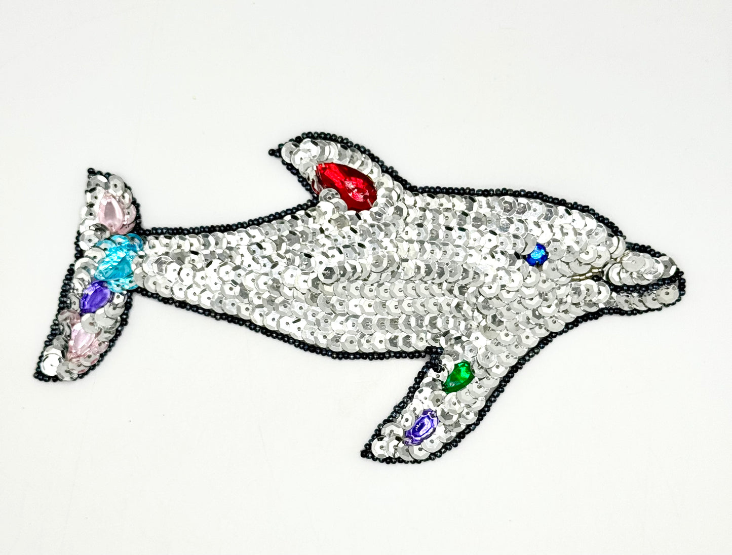 Dolphin with Silver Sequins and Iridescent Black Beads 7.25” x 3.5”