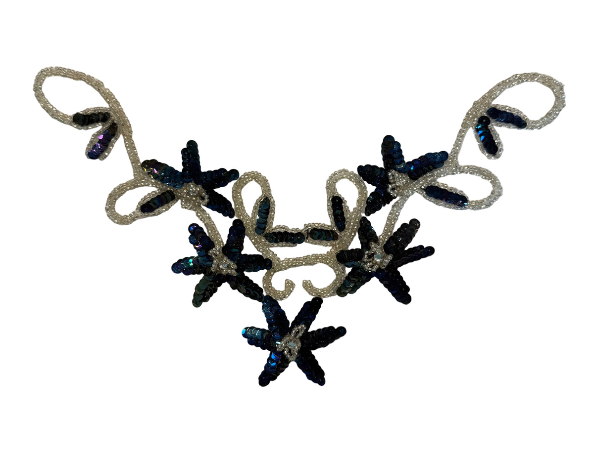 Dark Navy Blue Floral Neckline Appliqué, Sequins, Beads & Rhinestones, 11" x 6"
