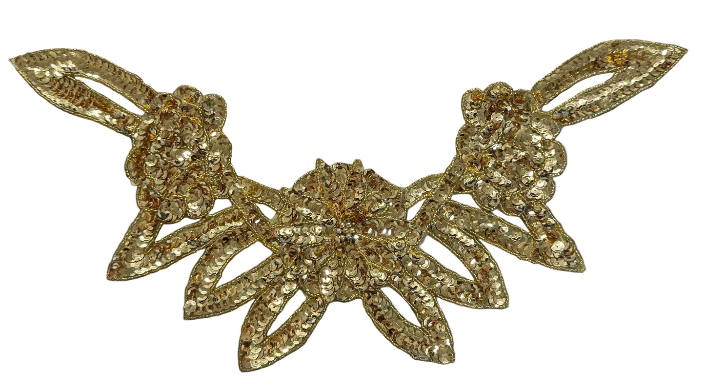 Designer Motif Triple Flower Neckpiece - Gold Sequins - Glass Beads - Choice of two Designs 17" x 6.5"
