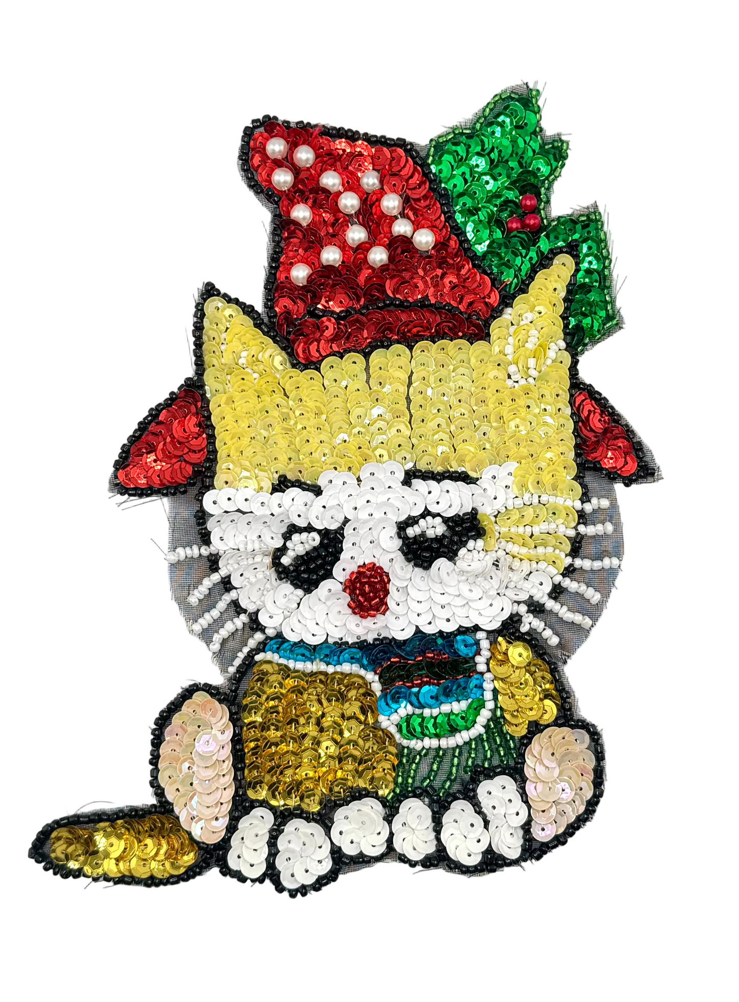 Sequined cat patch with festive Christmas colors and hat on a white background