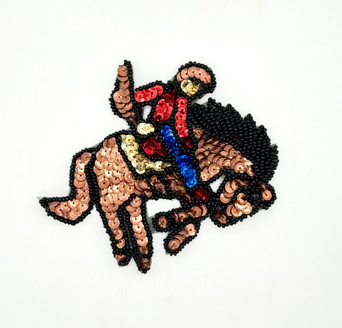 Rodeo Bucking Horse and Cowboy with Bronze, Gold, Red and Royal Blue Sequins with Black Beads 4.5" x 3.75