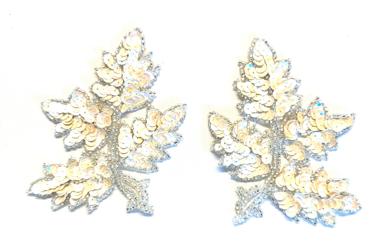 Beige Sequin & Silver Glass Bead Leaf Appliqué Pair, 4.75" x 4.5"