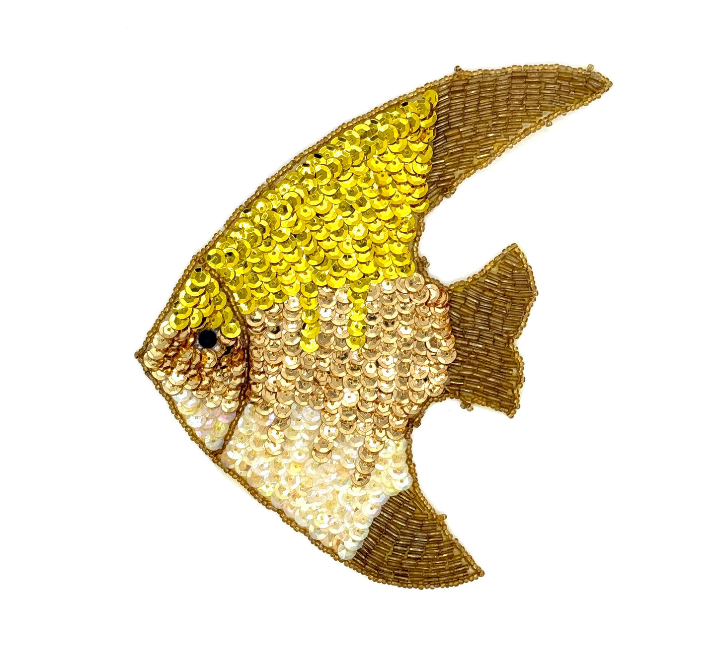 Large Fish Appliqué - Yellow/Gold/Iridescent Sequins - Gold/Black Glass Beads 7" x 6.5"