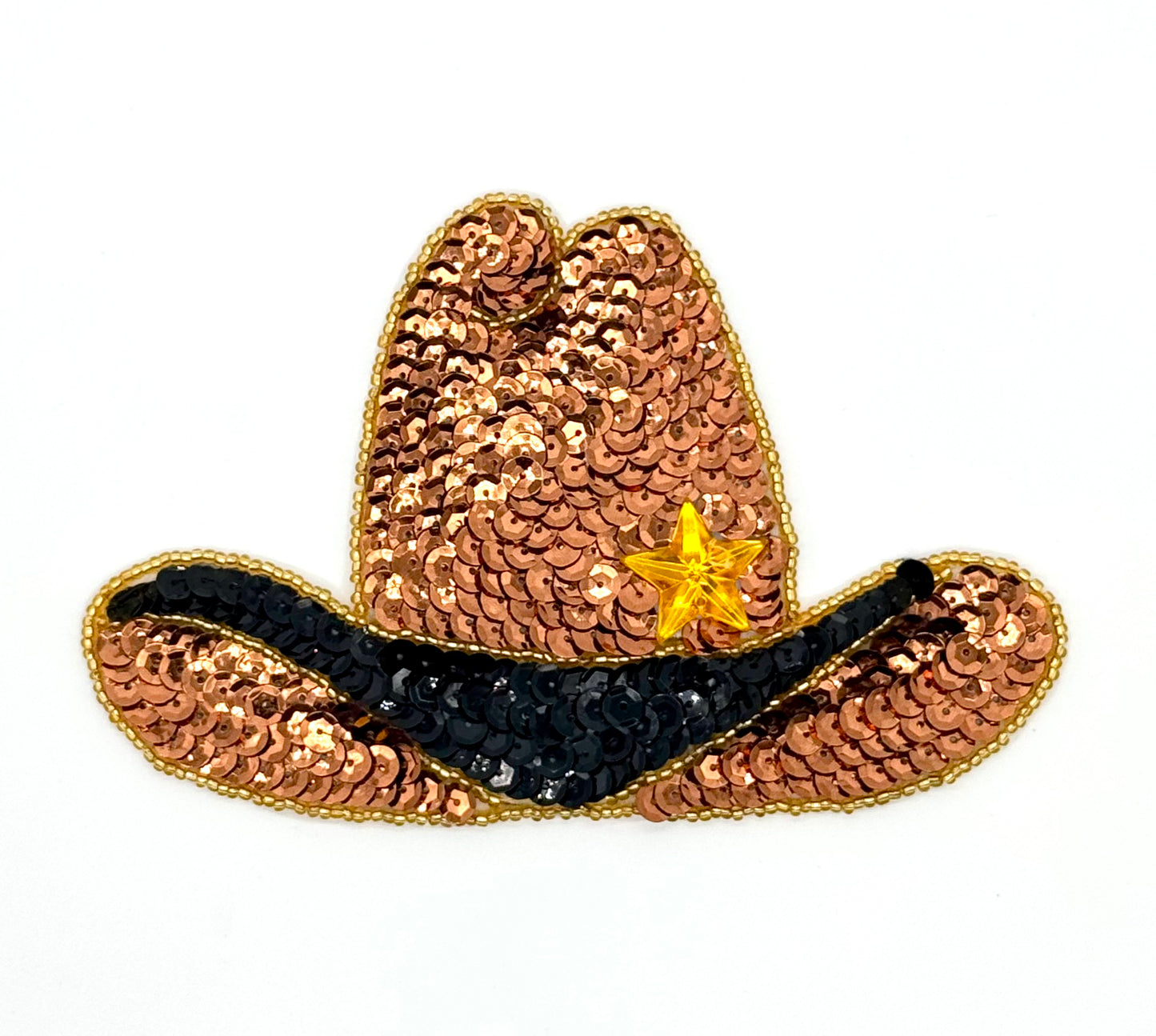 Sombrero de vaquero - Lentejuelas bronce y negras - Cuentas doradas - Estrella dorada 6" x 4"
