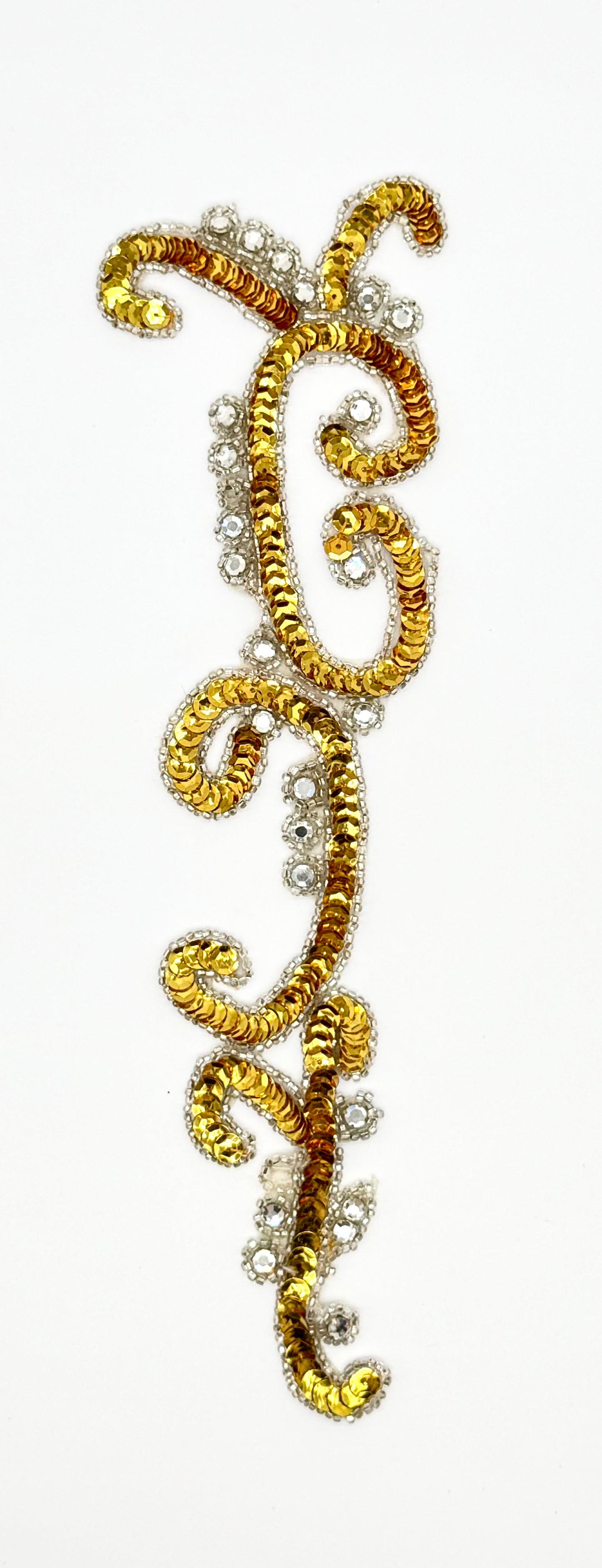 Vintage Designer Motif with Bright Gold Sequins and 25 Rhinestones 10" x 3”