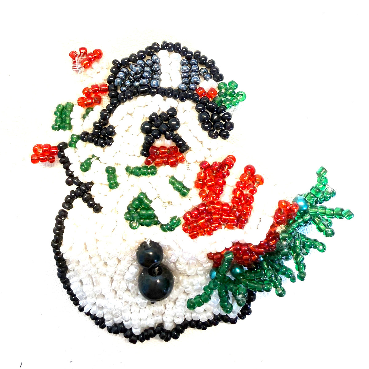 All-Beaded Snowman Appliqué with Red & White Present, 2.75" x 2.75"