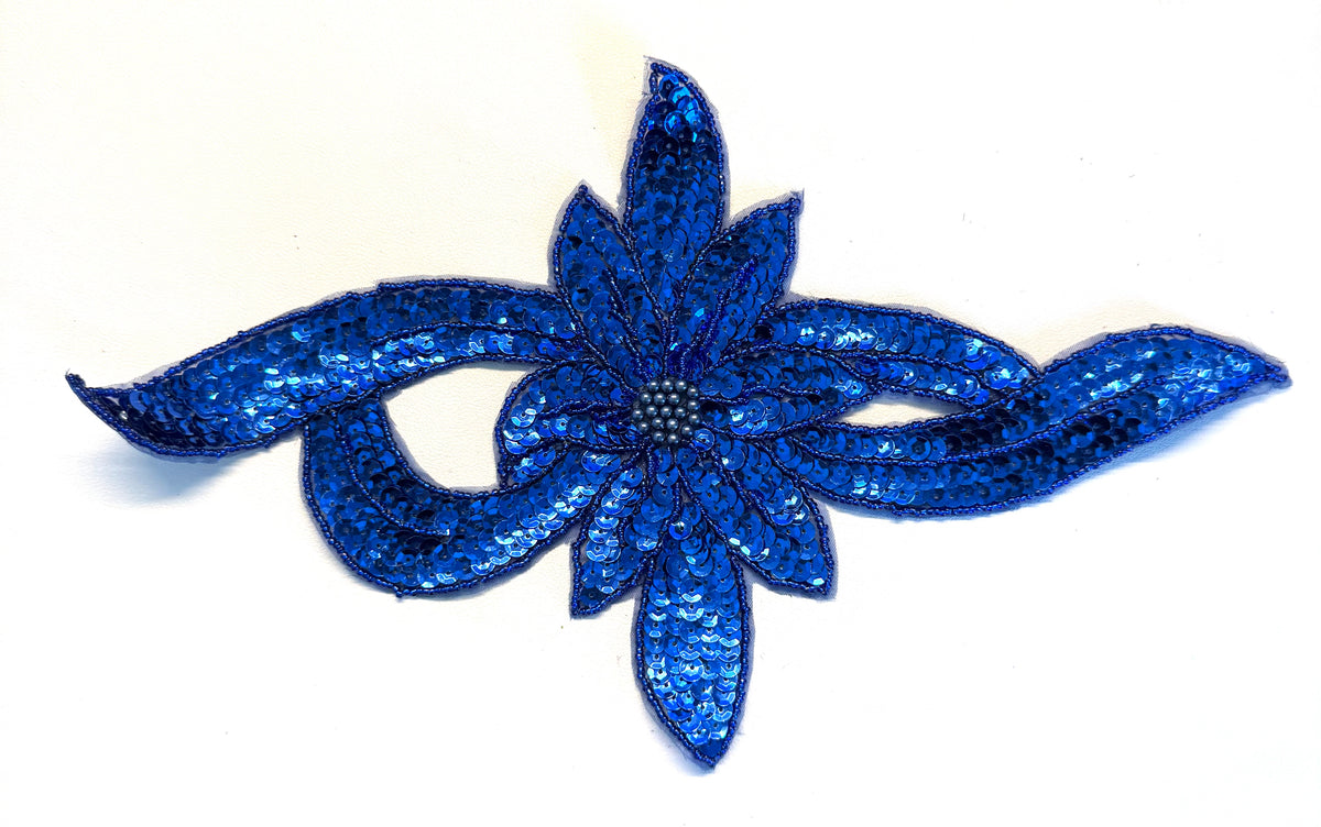 Royal Blue Sequin & Glass Bead Flower Appliqué – 2 Styles, 12.5" x 7.5"