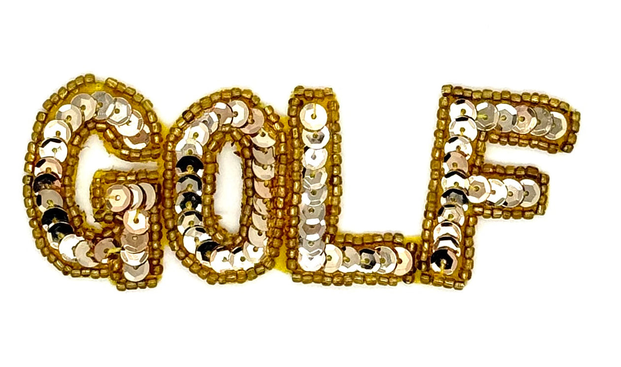 La palabra "Golf" con lentejuelas y ribete dorados 3.75" X 1.5"