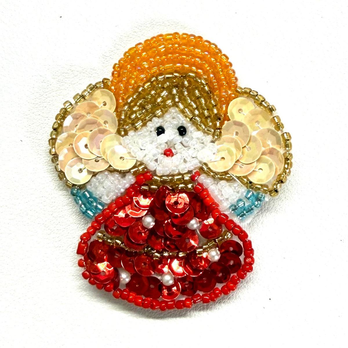 Christmas Angle Appliqué - Red/Beige Sequins - Glass Beads 2.5" x 2.25"