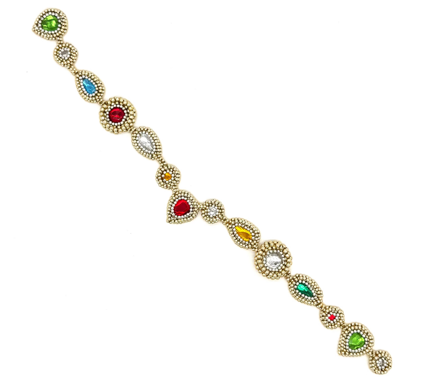 Beaded strand patch with multicolored gemstones on a white background