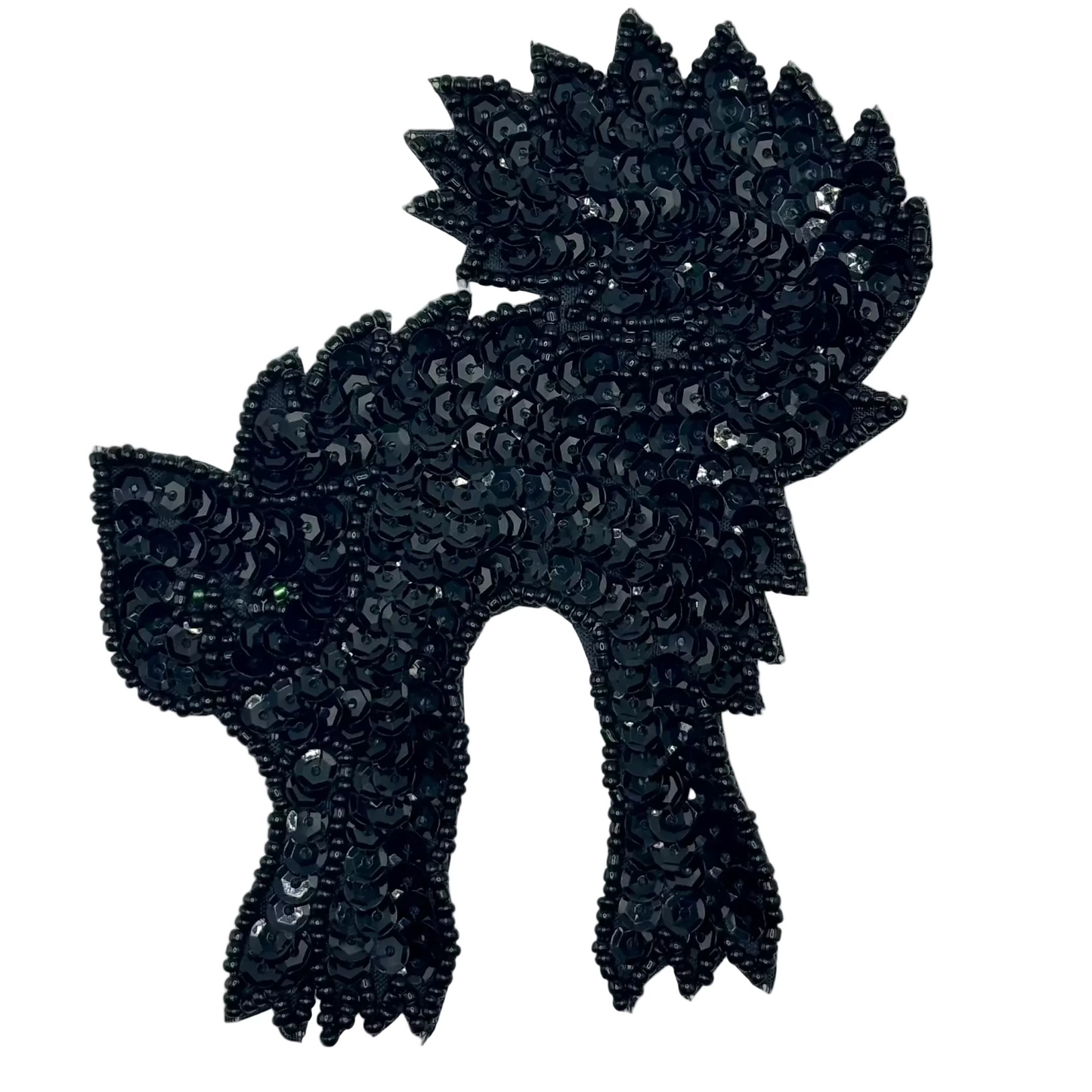 A black sequined patch shaped like a cat, featuring a textured, glittery finish on a plain white background.