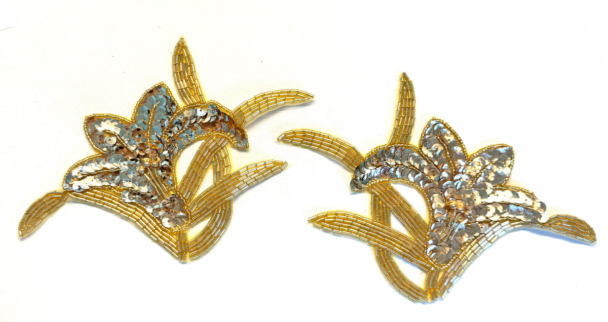 Gold Sequin & Beaded Flower Appliqué Pair, 7" x 4.25"