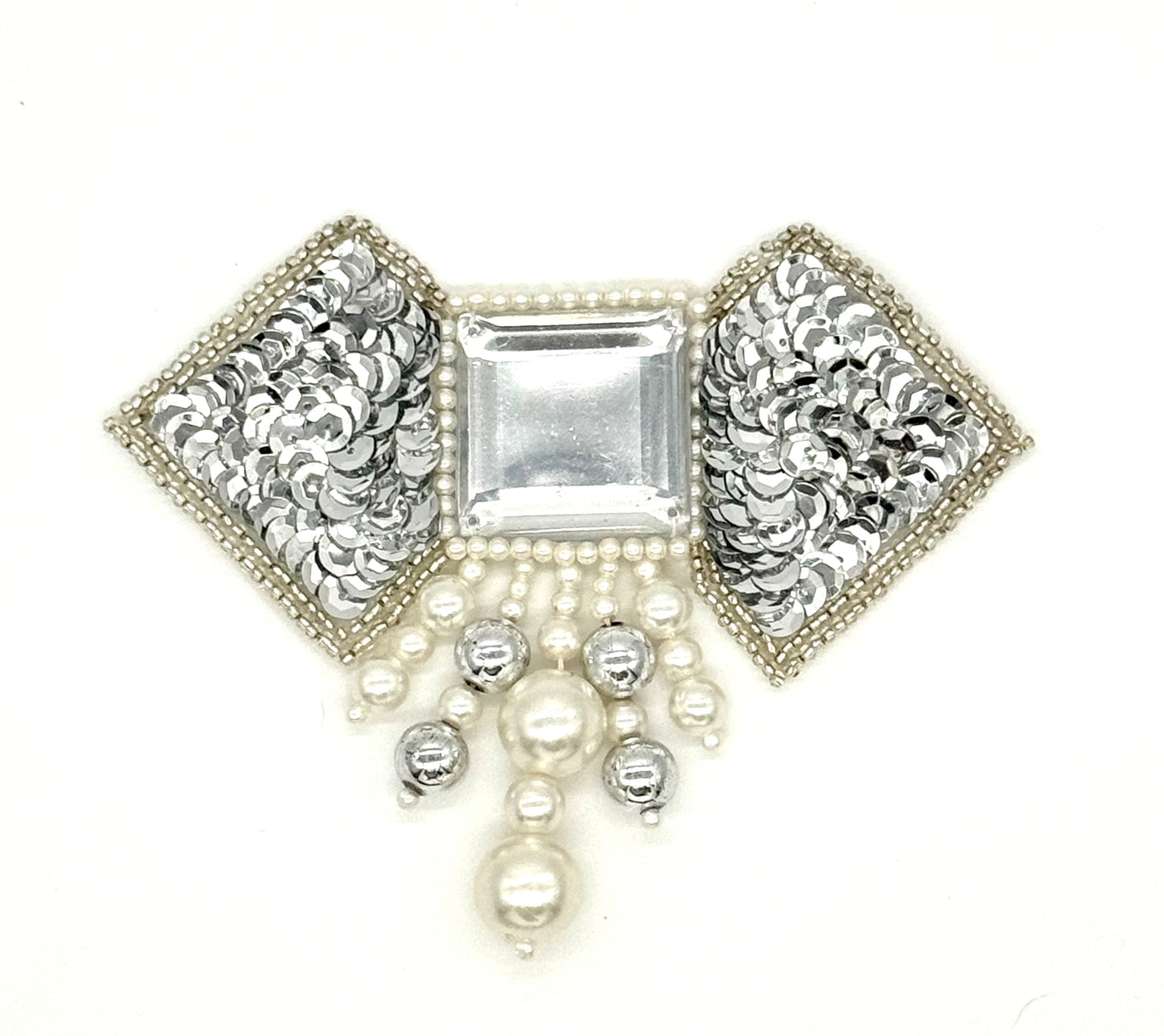 Epaulet - Silver Sequence - Silver Beads - Pearls - Square Center 5”x 4”
