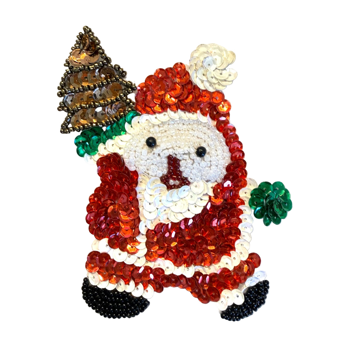 Beaded Santa with Christmas Tree Appliqué, Approx. 4.25" x 3"
