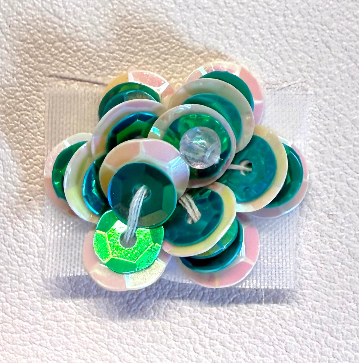 Flower Appliqué – Green & White Sequins, Crystal Bead Center | 1"