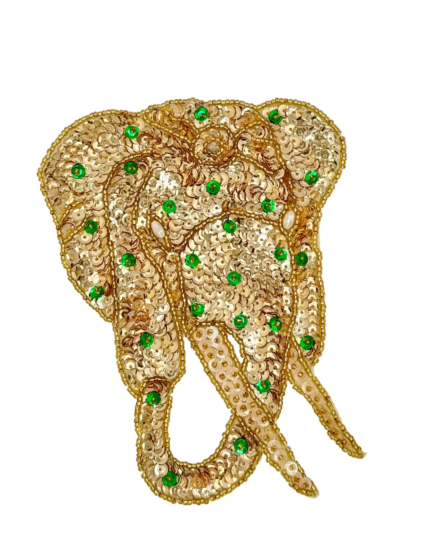 Gold sequin patch with green and gold sequins and beads on a white background