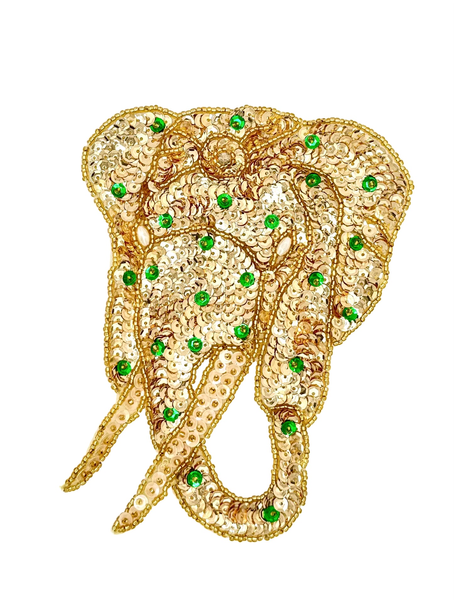 Gold Elephant with Green and Gold Sequins - Gold Beads -Rhinestone 6.25" x 5"