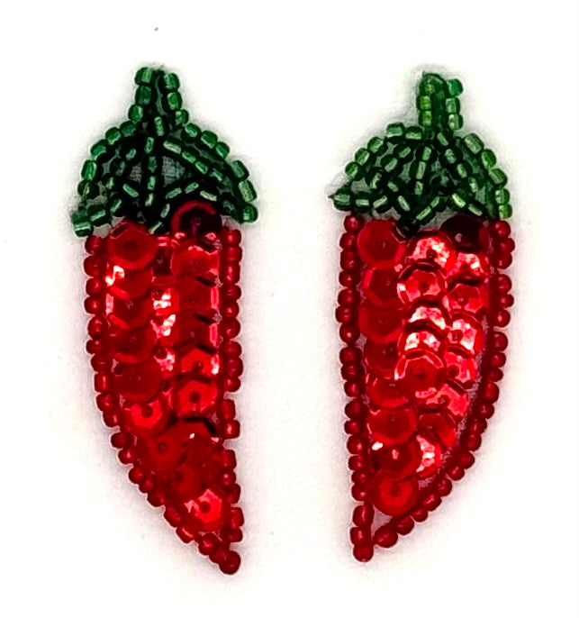 Chili Pepper Pair - Red Sequins - Red/Green Glass Beads 2" x .75"