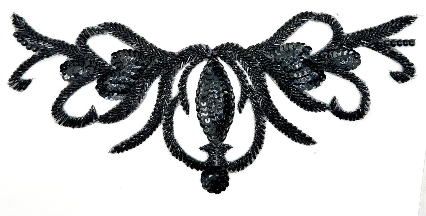Designer Motif Neckpiece - Black Sequins - Beads 12" x 5.5"