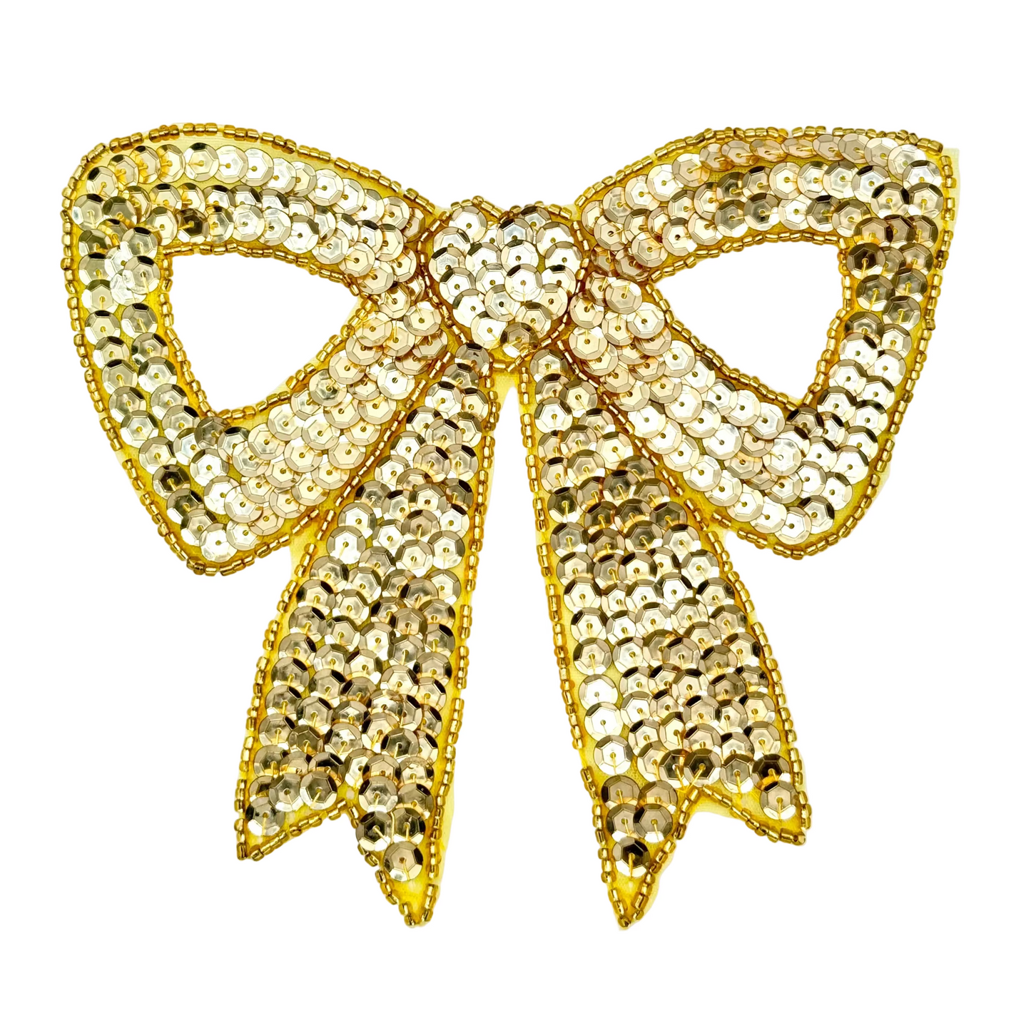 Gold sequin bow on a white background