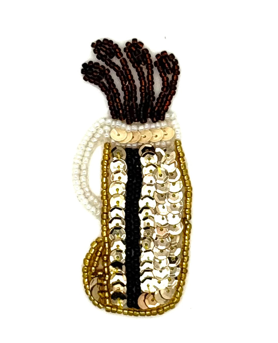 Golf Bag and Clubs - Gold/Beige Sequins - Glass Beads 3.5" x 1.5"