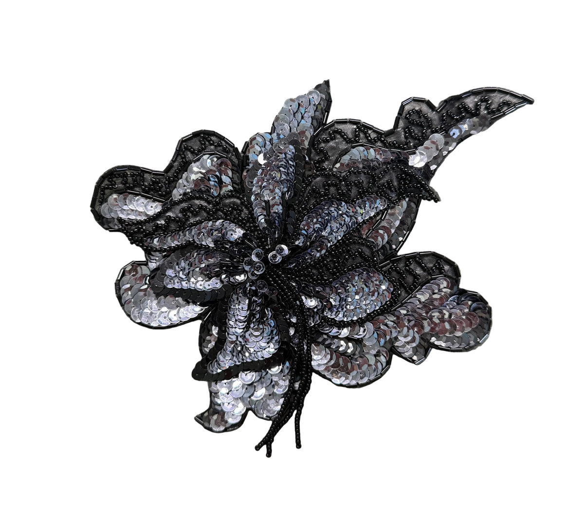 Gunmetal Sequin Flower Appliqué - Black Beads & Bead Tendrils 7" x 5"