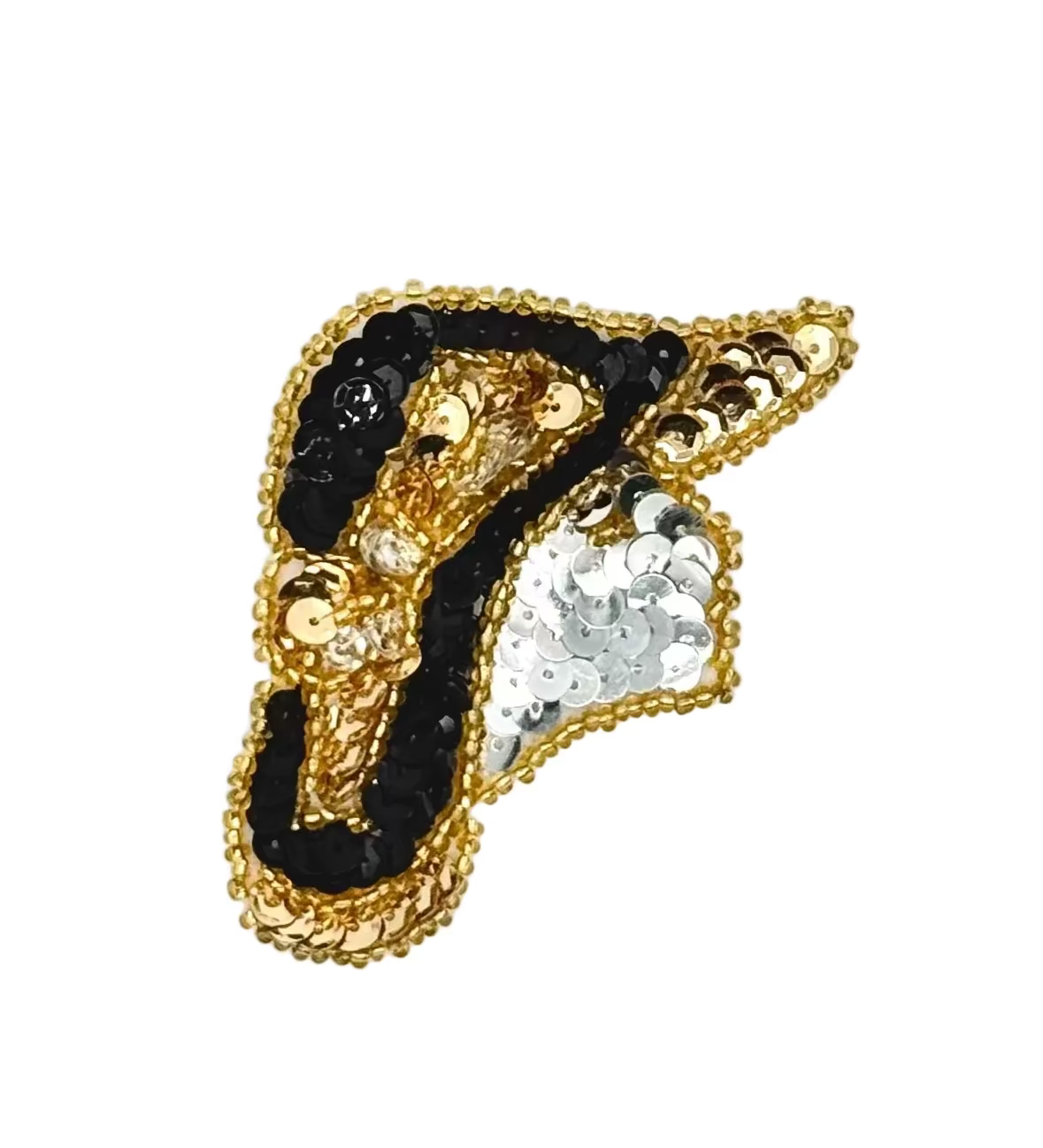 Sequin Diva girl with a hat on. Gold, black and silver sequins. Pictured on a white background