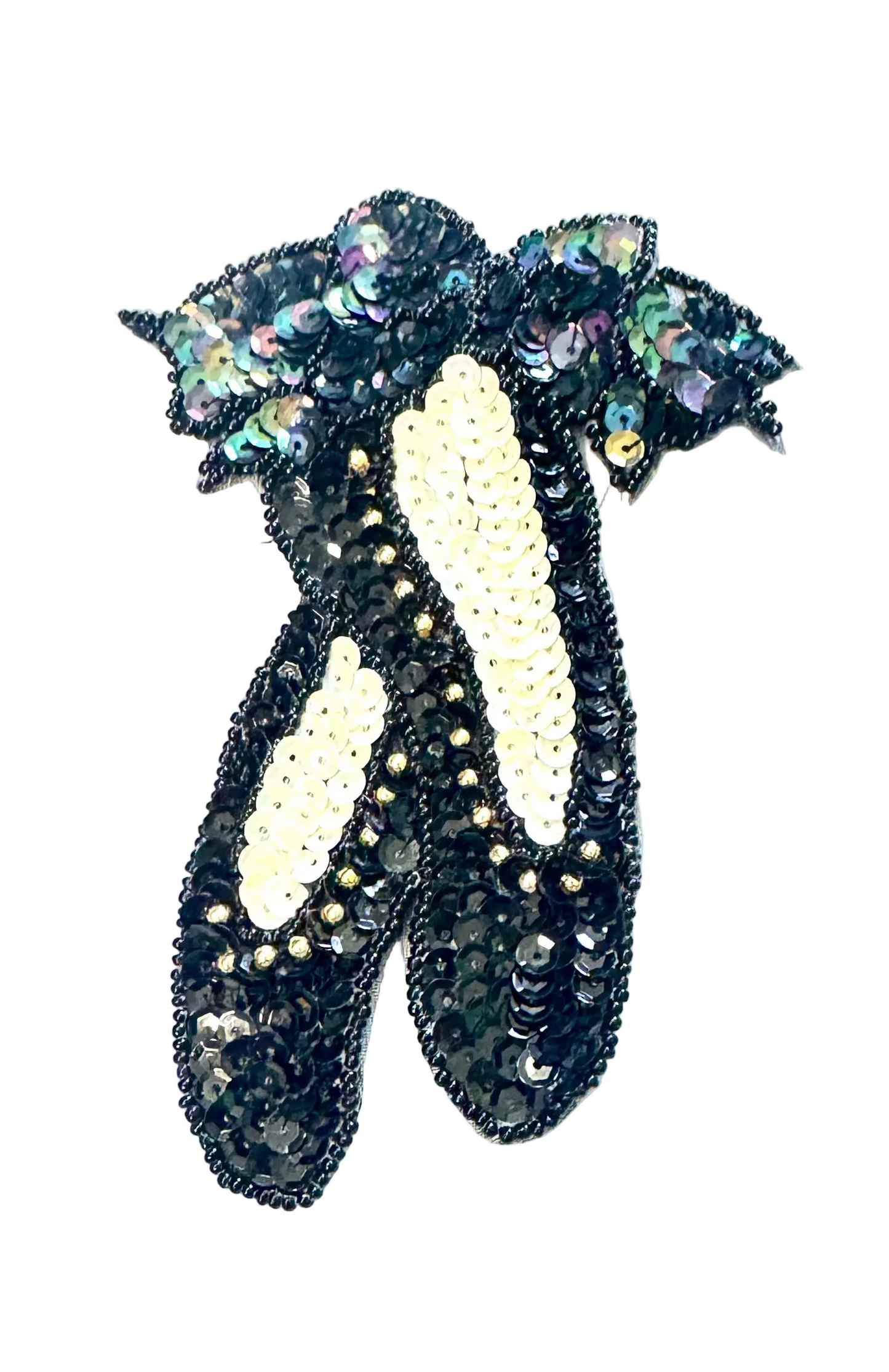 Zapatillas de ballet con Moonlite, lentejuelas blancas iridiscentes y negras y cuentas doradas y negras 5" x 4"