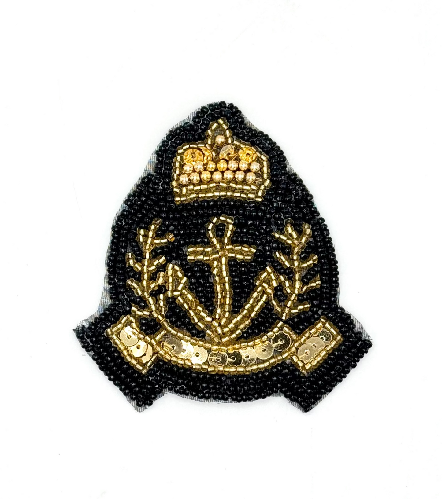 Escudo con Ancla - Lentejuelas Doradas - Cuentas Negras/Doradas - 7.62 cm x 7.62 cm