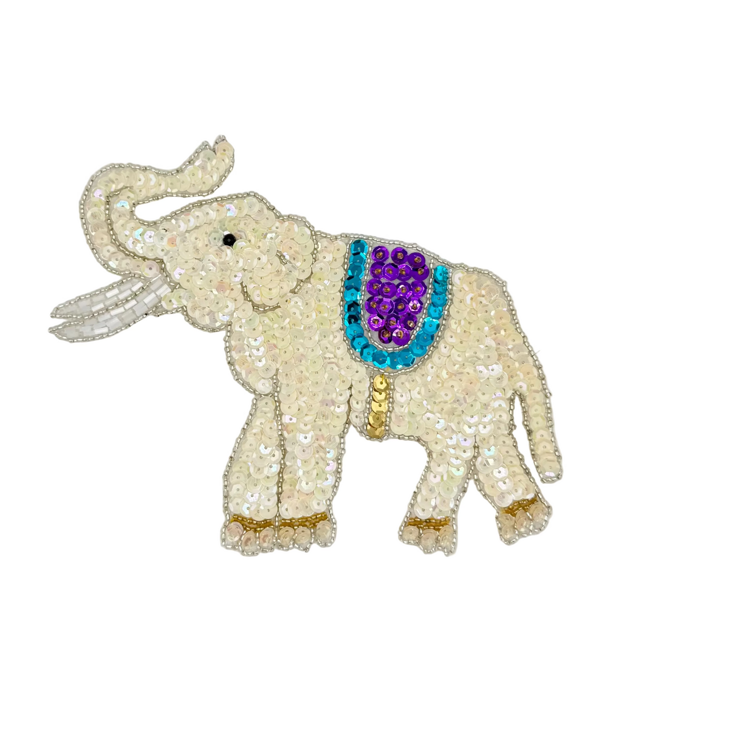 Decorative elephant patch with sequins and beads on a white background