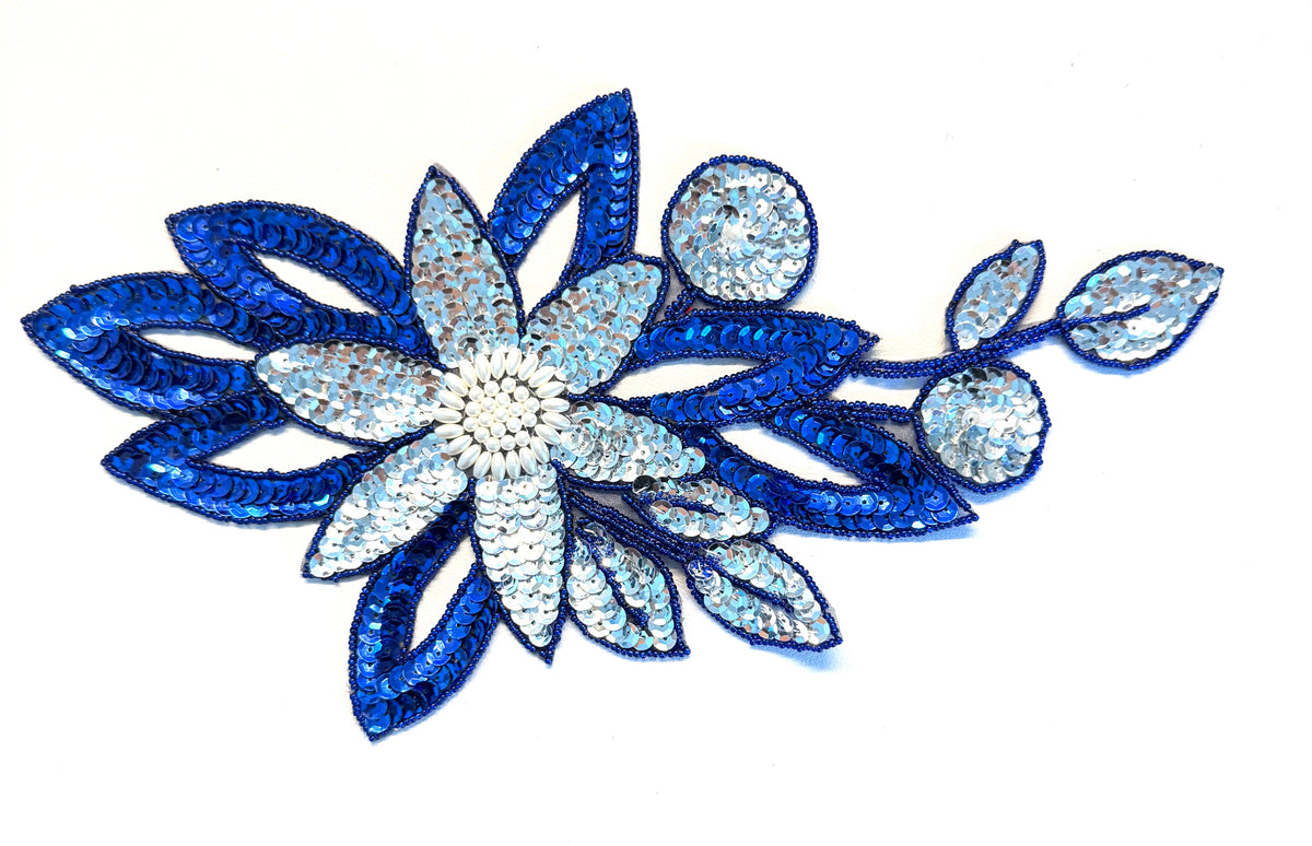 Blue & Silver Sequin Flower Appliqué with Bugle, Glass & Pearl Beads – 11.5" x 7"