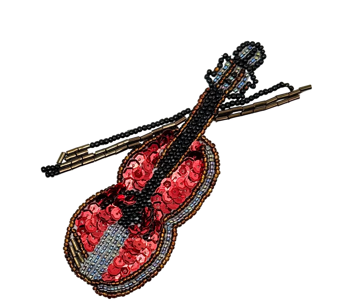 Violín y Arco con Lentejuelas Rojas y Cuentas de Bronce 4.5" x 2.5", 2 Variantes