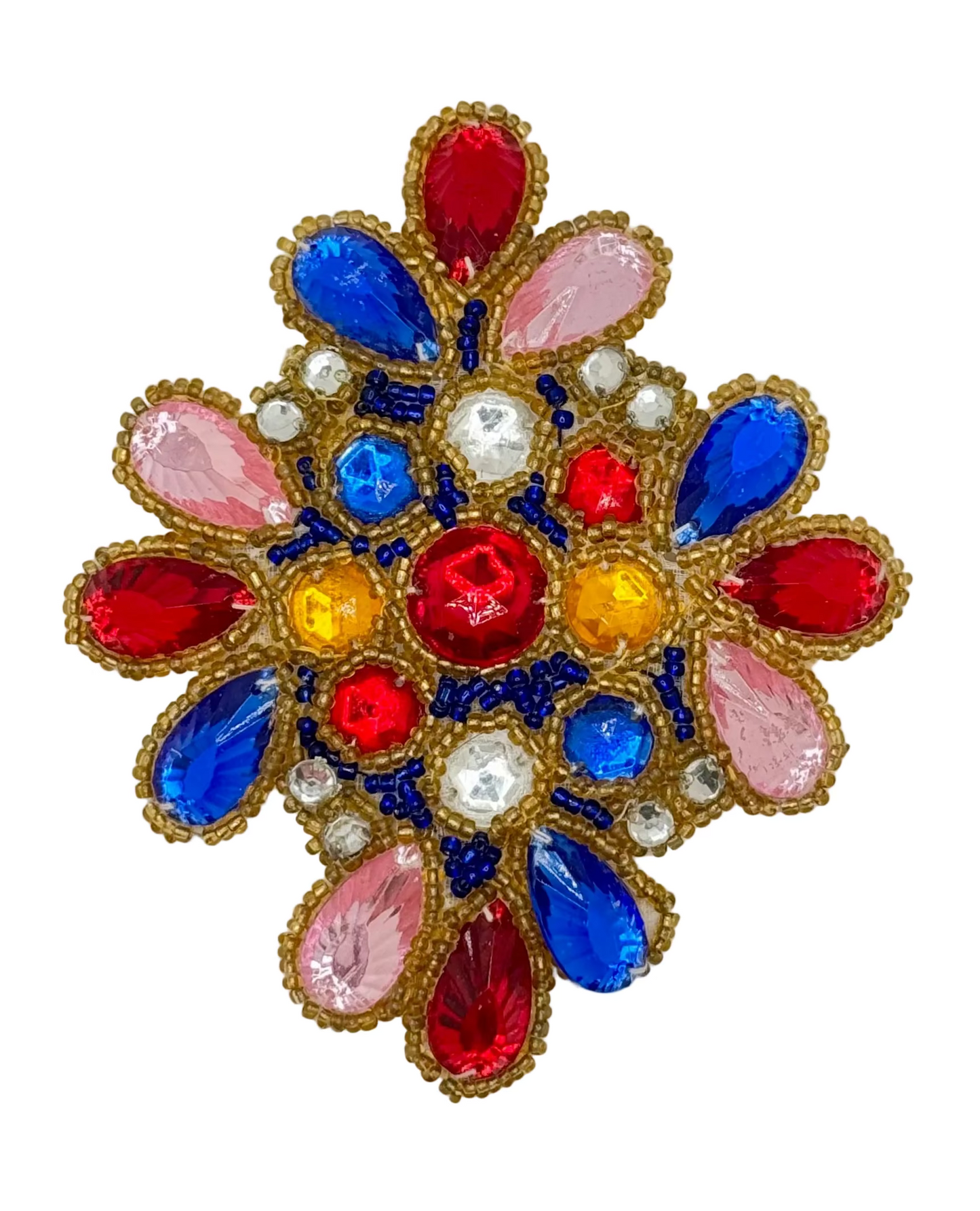 Decorative beaded accent with colorful gemstones on a white background