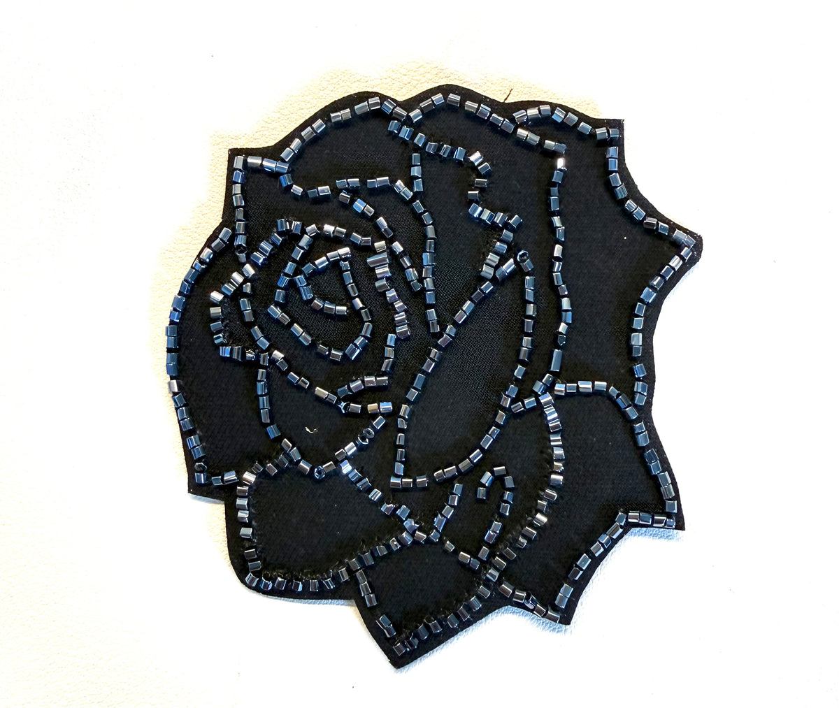Black Felt Flower Appliqué with Gunmetal Glass Beads – 3.5"