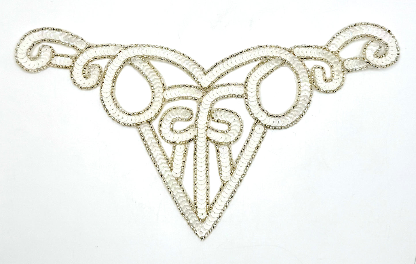 Designer Motif Neckline with White Sequins and Silver Beads 10.5" x 5"