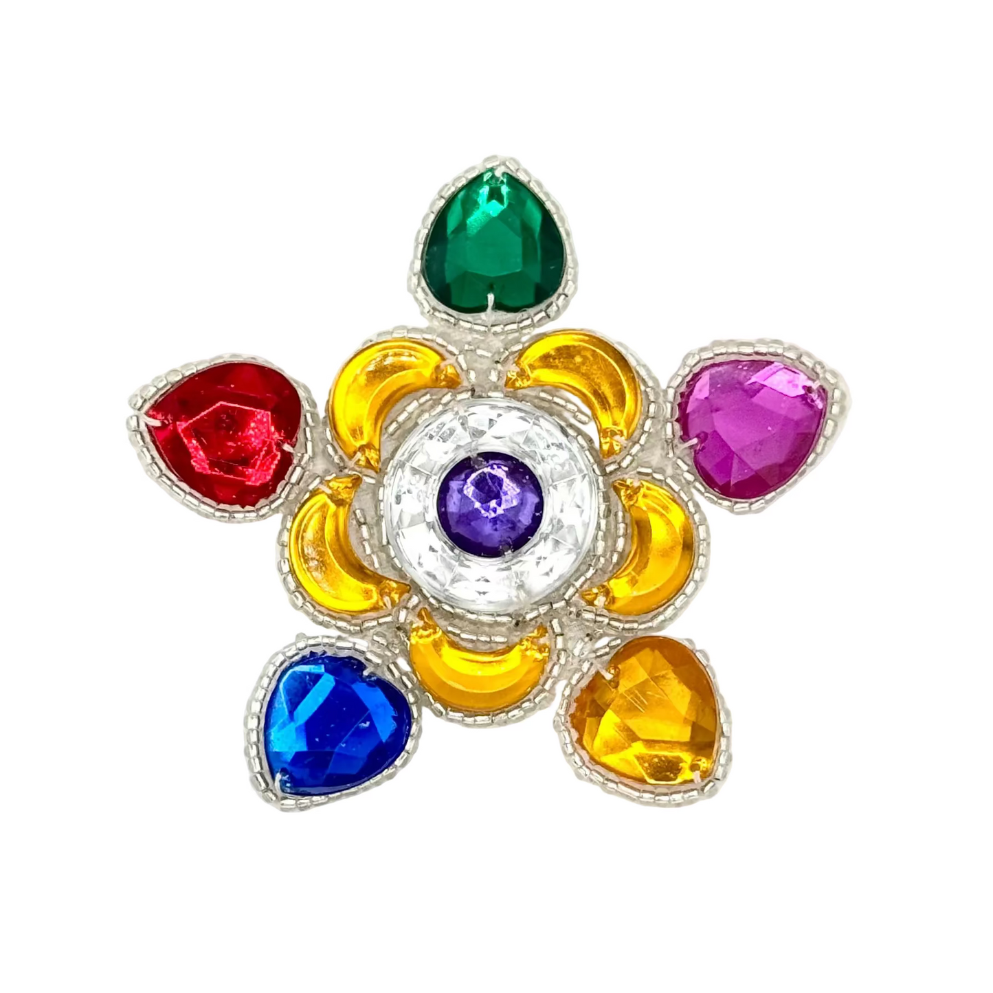 Multicolored gemstone flower-shaped appliqué on a white background