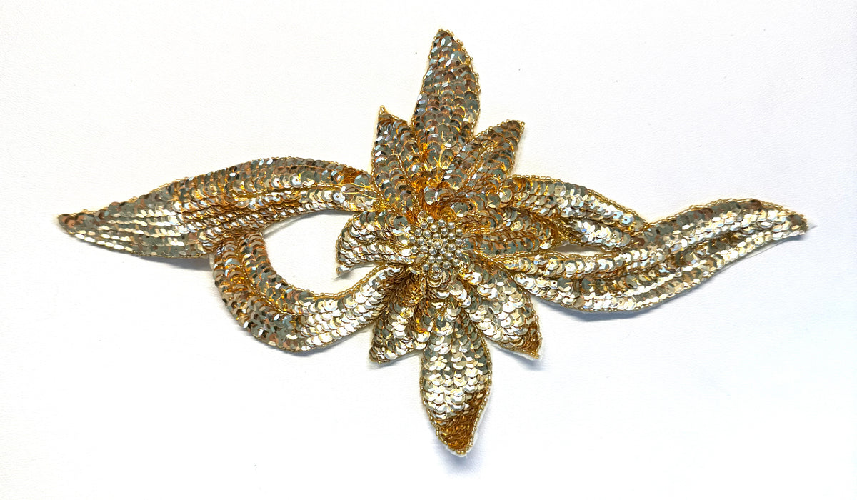 Gold Sequin Flower Appliqué with Glass & Pearl Beads – 13" x 7.25"