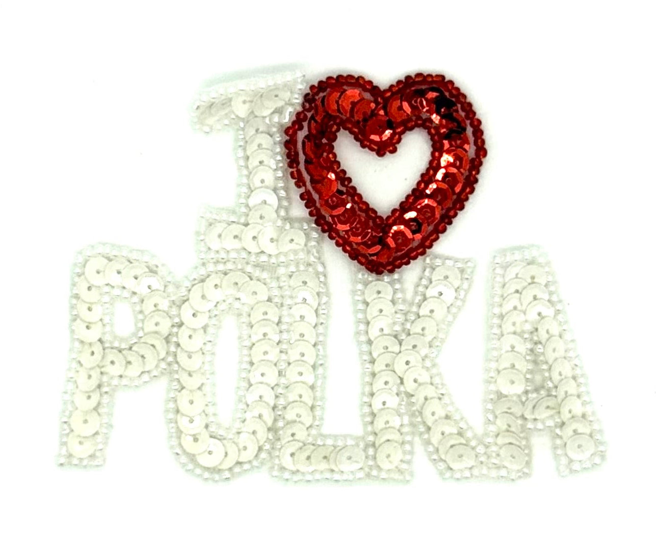 "Me encanta (Amo) el Polka" Lentejuelas y Cuentas Rojas y Blancas 4" x 3"