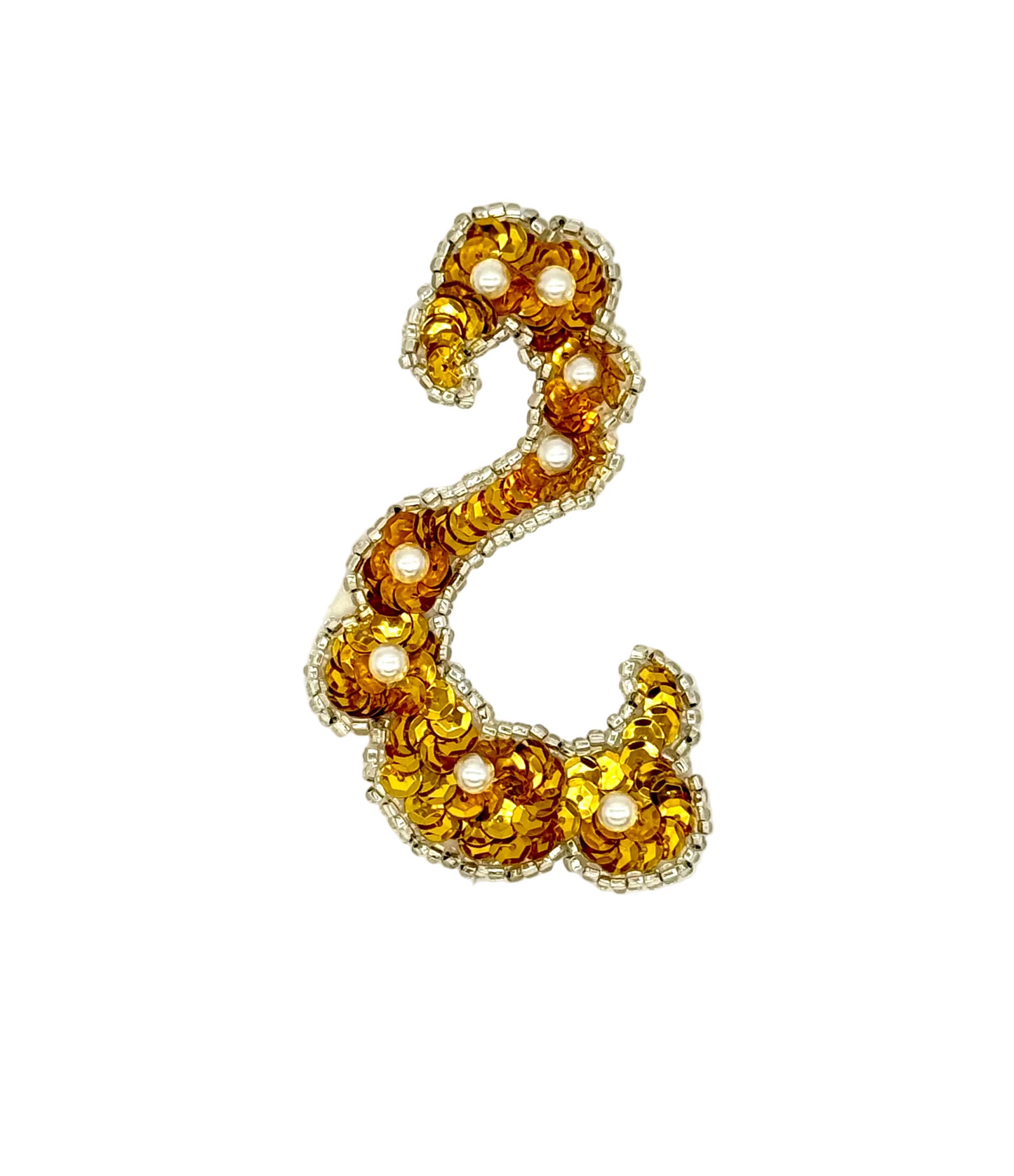 Designer Motif Swirl “S Shaped” - Gold Sequins - Silver Beads - Pearls 2.5" x 4"