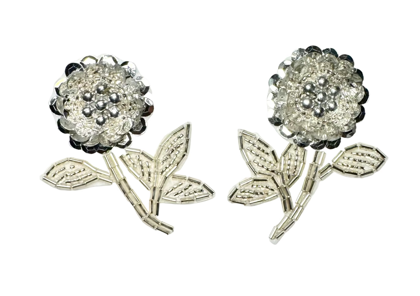Flower Pair - Silver Sequin - Silver Beads 2.5" X 2"