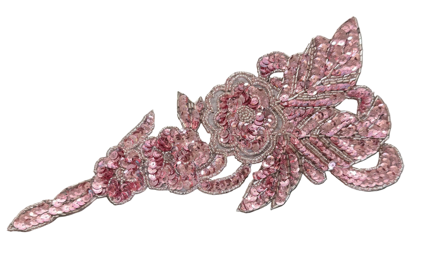 Vintage Flower Appliqué - Choice of Silver or Pink Sequins and Glass Beads 11.5" x 5"