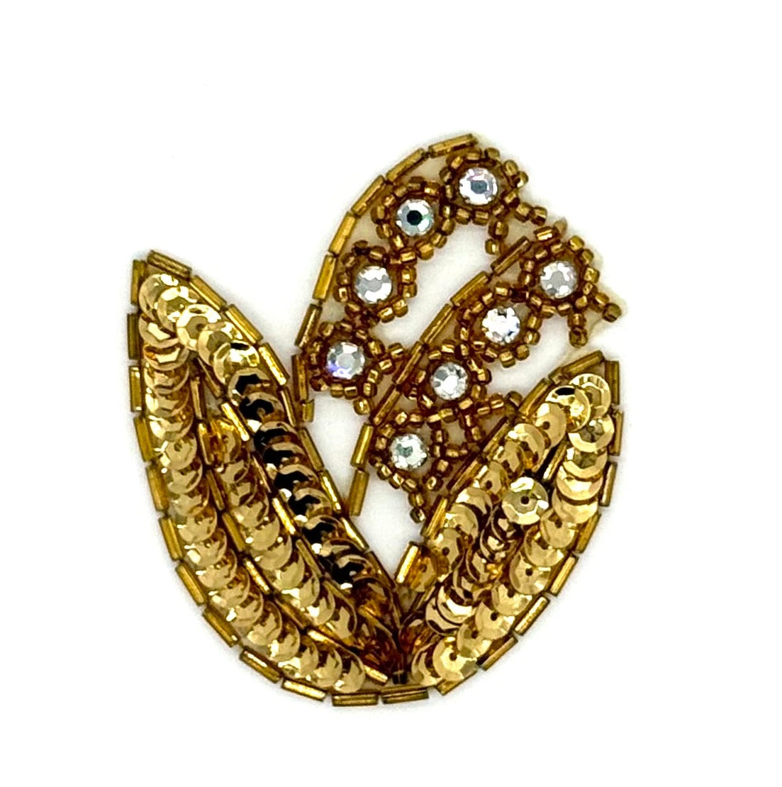 Flower Pair Appliqué – Gold Sequins, Bugle & Glass Beads with Rhinestones 3" x 2.5"