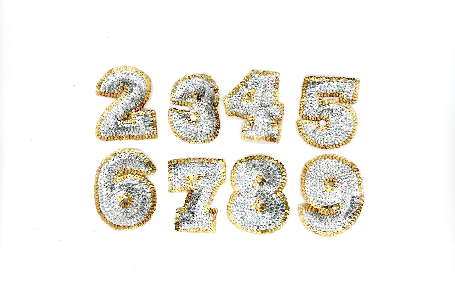 3.5” Sparkly Number Appliqué - Silver Sequins - Gold Sequin Trim