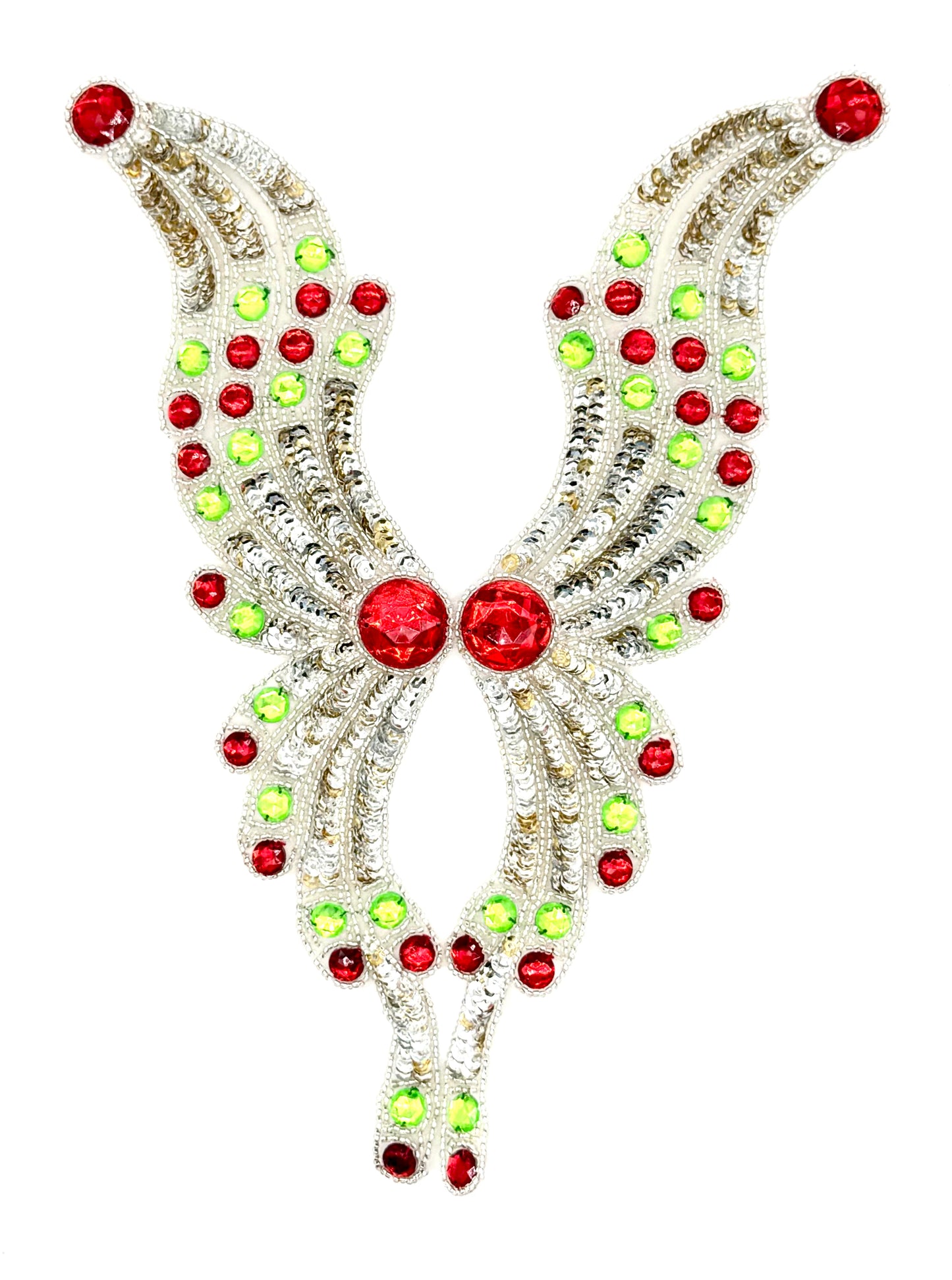 Escote con diseño de motivos, lentejuelas plateadas y doradas, cuentas plateadas y piedras rojas y verdes 12" x 9"