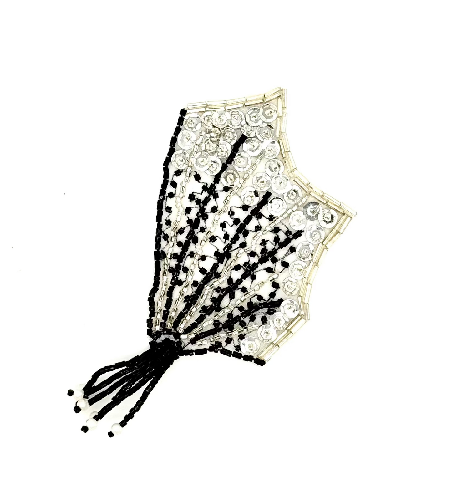 Epaulet Wing Like Motif - Silver Sequins - Silver/Black/White Beads - 5.5”x 2.5”