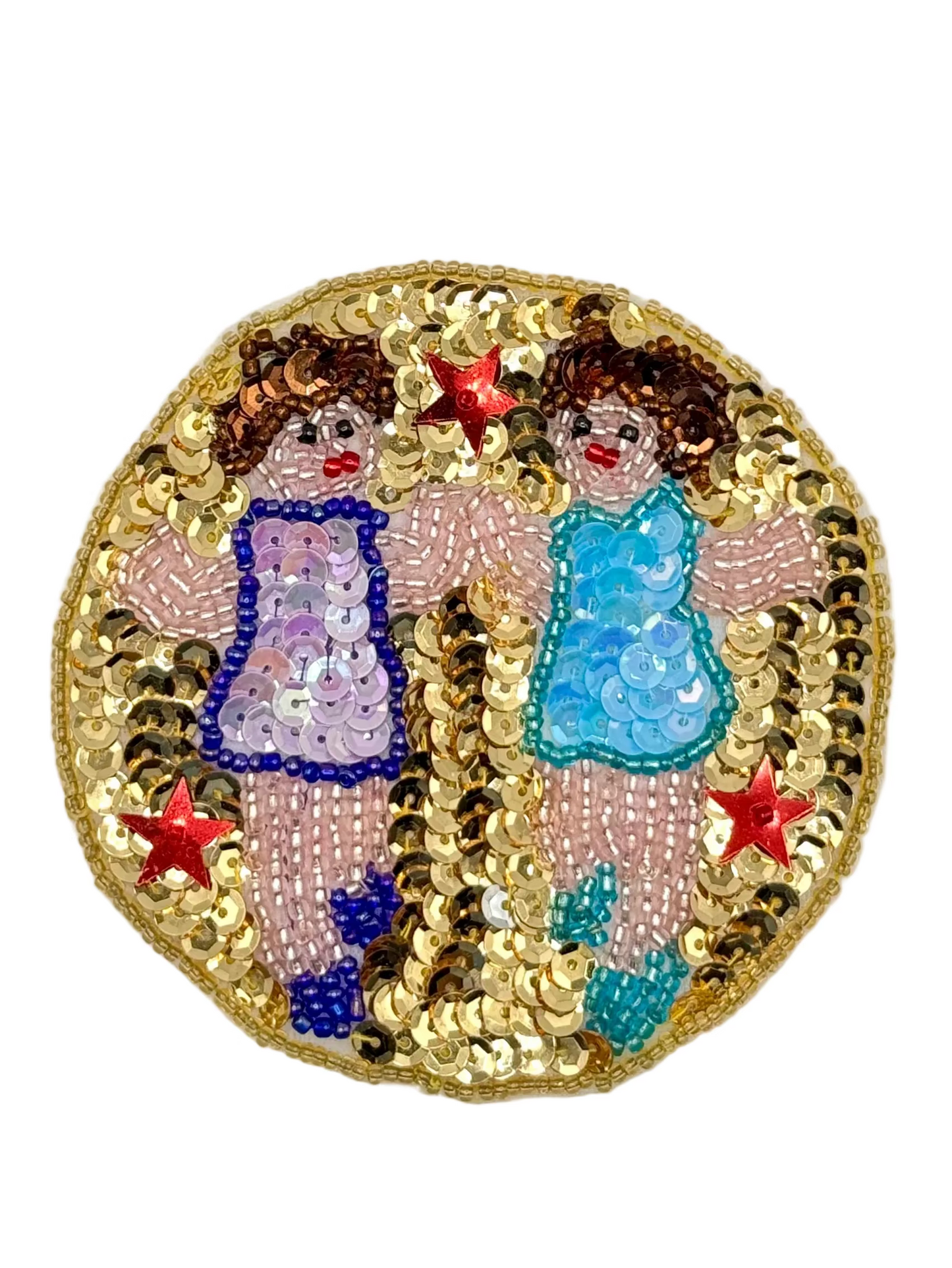 Zodiac Gemini twins patch with two figures, colorful dresses, and gold sequin border on a white background