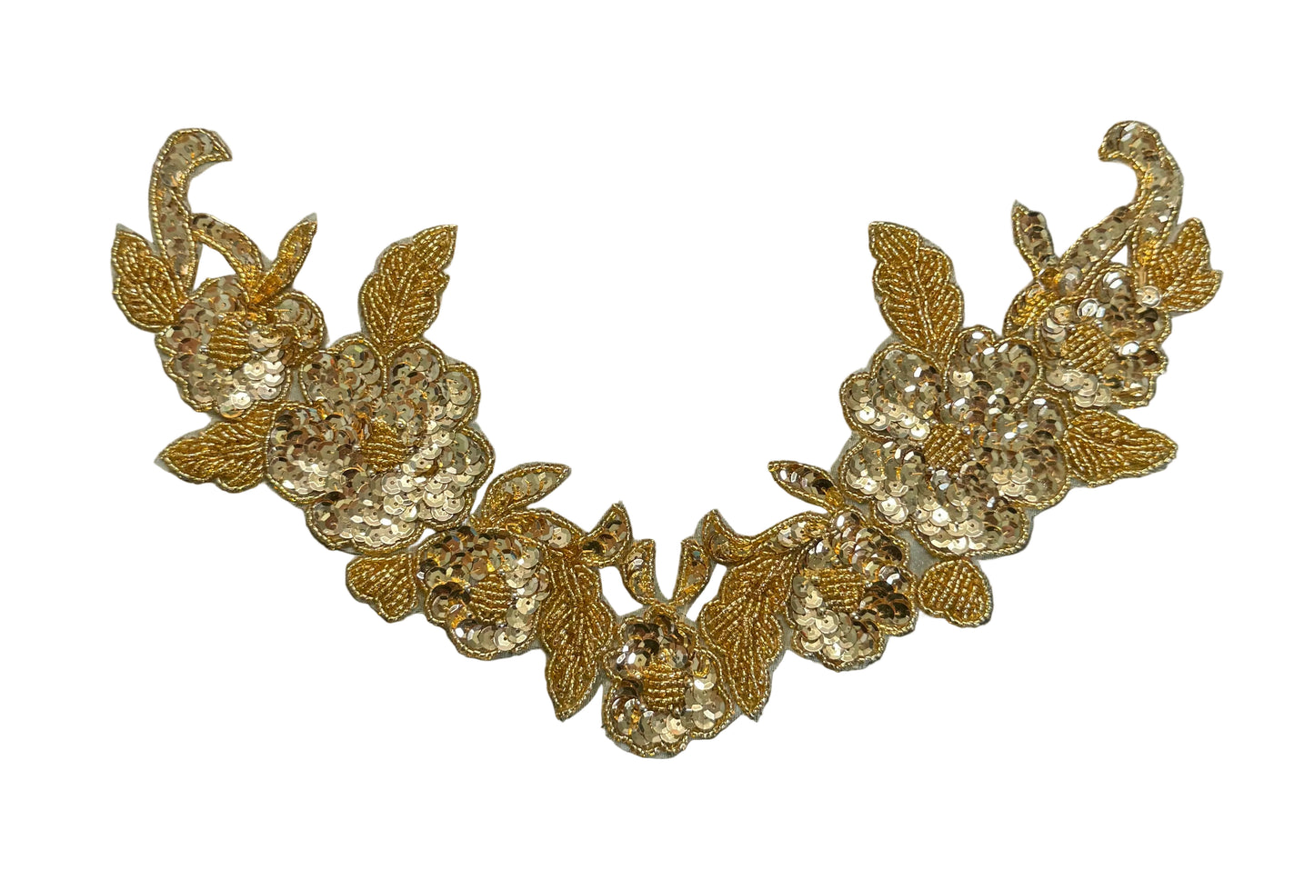 Designer Motif Flower Neckpiece - Gold Sequins - Gold Beads 12" x 7.5"